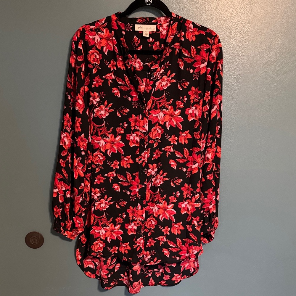 Philosophy Black Blouse with Vibrant Pink/Red Floral Print